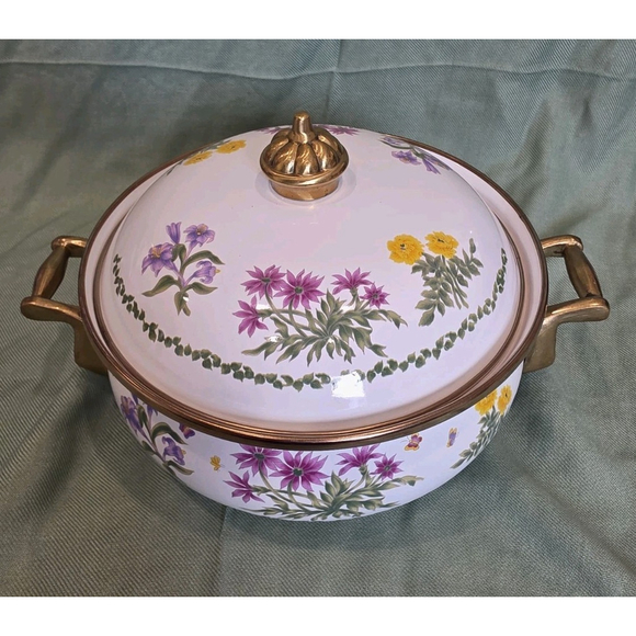 Vtg Lincoware Enamelware Brass Handles Dutch Oven Pot With Lid Flower Pattern - Picture 2 of 10
